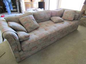 lot 17 image: TWO Sofas. 7 FT  & 8 FT  Pink and black floral design plus throw pillows VINTAGE