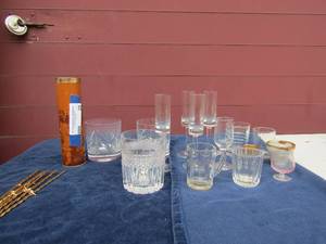 lot 29 image: Assorted drinking, shot, & wine glasses with swizzle sticks