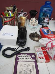lot 34 image: Misc. lot- Pens, pencils, phone, bridge trophies,  canister dominoes and more