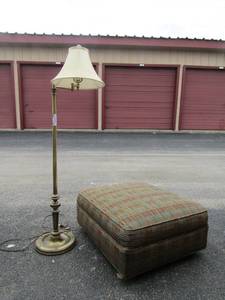 lot 42 image: 50Gold corner floor lamp with swivel top and shade plus multicolor foot stool