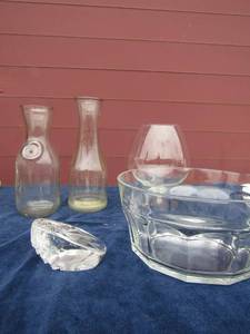 lot 48 image: MATS JONASSON Signed Lead Crystal Clear Glass Angel Fish Paperweight Sweden, 2 Paul Manson milk jugs, 1 XL wine glass 5x10 and large glass bowl