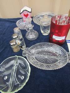 lot 59 image: Block crystal mustard jar  with matching crystal serving spoon, Vinegar decanter, sugar bowl, divided platters and more
