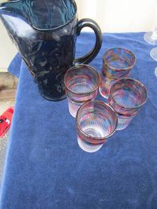 lot 61 image: Cobalt blue pitcher and 4 multi color glasses