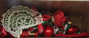 lot 62 image: Box of assorted christmas ornaments Blue and clear bubble glass bowl green glass basket pink glass bowl on stand red dragon spoon rest and Royal Albert bone china bowl