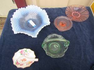 lot 63 image: Fenton and 2 depression pink dishes. Red dragon spoon rest and Royal Albert bone china bowl