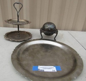 lot 71 image: 2 tier silver serving tray #273 silver covered candy dish and 13 silver serving tray