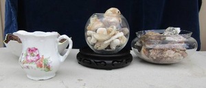 lot 81 image: Pink floral creamer dish, Hand painted Nippon bowl 2 clear glass bowls full of shells and rocks