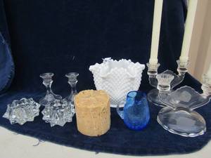 lot 98 image: White diamond cut vase 2 crystal candle holders, 2 fall double candle sticks 20 dingle glass candle cups