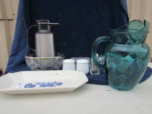 lot 99 image: Pfaltzgraff platter 12 X 7, green glass pitcher, S&P shaker, covered candy dish and more