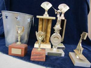 lot 106 image: Metal bucket with star rim and box of bridge trophies