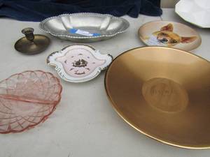 lot 111 image: Pink glass divided plate, silver tray, dog wall plate and more