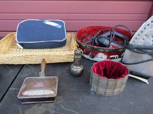 lot 120 image: Carry on makeup bag black and ecker iron Extension plug 2 wicker baskets