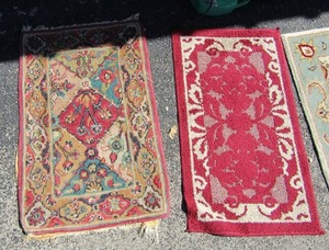 lot 137 image: 3 entry way rugs- maroon 34x19, Gold and maroon 32x21 and tan and blue 49x29