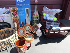 lot 135 image: Oster electric wine opener large fireplace matches 2 crystal whisky glasses 1980 Dr. Pepper bottle wicker basket and more