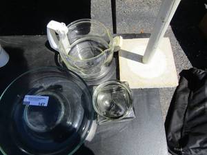 lot 147 image: Glass cookware, coffee pot and paper towel holder