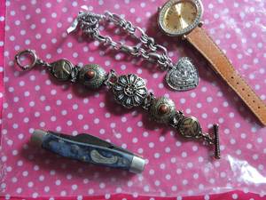 lot 173 image: Mixed lot- Frontier pocket knife 3 blades (1 broken), Gold boho bracelet, Xanado quartz watch, silver & zircon bracelet