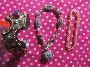 lot 182 image: 3 bracelets- cuff silver with purple stone, glass bead & LLL heart charm