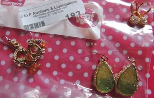 lot 183 image: 3 pair earrings- zircon & gold, green tear drop and green and gold drop