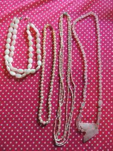 lot 196 image: Necklace white quartz, 3 strand fresh water pearl, 1 rose quartz with butterfly drop, and 1 strand faux pearl necklace