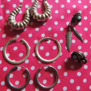 lot 155 image: Sterling silver TW 32 gms. -Shrimp pair, 2 sets of hoops one single turquois embellished
