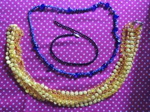 lot 170 image: 3 necklaces- yellow plastic multi strand, lapis blue stones and black bead