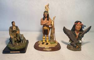 lot 138 image: Rubys Collection Standing Native American Figurine, De Elina Sitting Native American Figurine & Native American wEagle Figurine