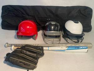 lot 130 image: Misc. Baseball Equipment, 3 Helments, glove, 2 bats, and Storage Bag