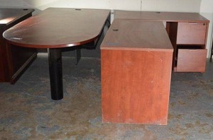 lot 25 image: National Business Furniture 3 Piece Desk (6 x 3 x 29 Curved Pedestal Section, 4 x2 x 29 Both Rectangle Sections with File Drawers)