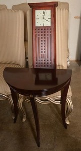 lot 41 image: Westminster Chime Clock (Missing Pendulum and Hinge needs reattached) AND 3 Legged Console Table