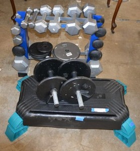 lot 12 image: Weight Set with Rack and Exercise Step, see pictures