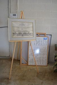 lot 42 image: Wood Frame (40 x 30), Wood Frame White Board (3 x 2), Projector Screen (3 x 31), Wooden Easle, Signed Drawing of Chapel