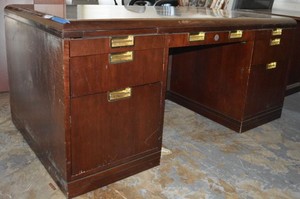 lot 53 image: JOFCO Executive Desk (67 x 3 x 30), Brass Handles, Writing Pull out Shelves