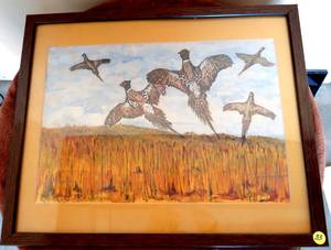 lot 33 image: PHEASANTS IN THE FIELD HAND SIGNED ORIGINAL WATERCOLOR IN FRAME UNDER GLASS