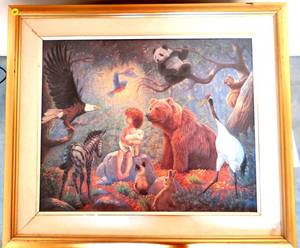 lot 34 image: LARGE FANTASY PRINT SIGNED PERILLUE IN WOODEN FRAME - NO GLASS