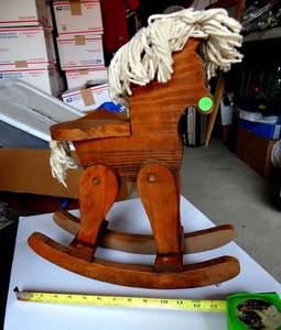 lot 209 image: NICE VINTAGE WOODEN ROCKING HORSE WITH MOP HEAD MANE