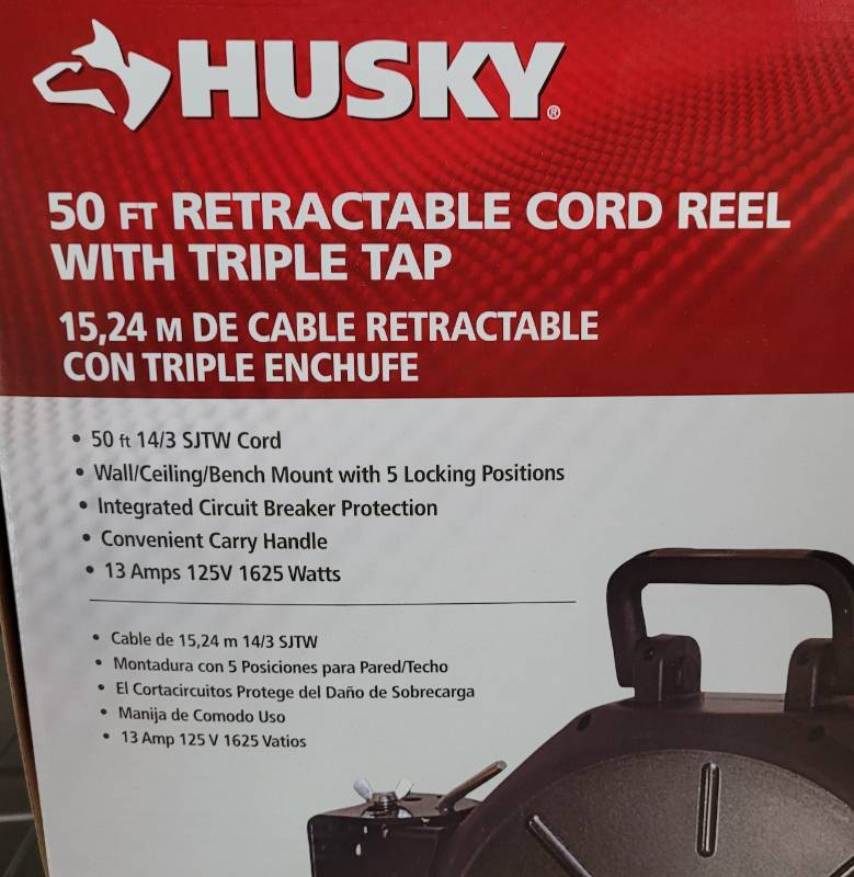 HUSKY 50 FT RETRACTABLE CORD REEL 291 322 WITH TRIPLE TAP IN UNOPENED BOX  AS SHOWN., MASSIVE IT'S TIME TO LET GO AUCTION - A MUST SEE SALE!!