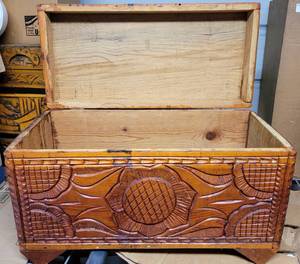 lot 23 image: VINTAGE WOODEN STORAGE CHEST WITH INTRICATE CARVED DESIGN THROUGHOUT AS SHOWN.