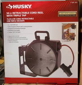 lot 30 image: HUSKY 50 FT RETRACTABLE CORD REEL 291 322 WITH TRIPLE TAP IN UNOPENED BOX AS SHOWN.