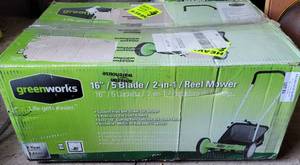 lot 61 image: GREEN WORKS 16 5 BLADE 2-IN-1 REEL MOWER IN BOX AS SHOWN.
