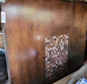 lot 81 image: WOOD TABLE WITH MOSAIC INLAID CENTER AS SHOWN. DELAYED PICK UP -- SATURDAY AFTER 400 PM OR SUNDAY