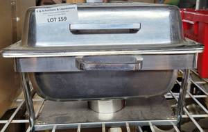 lot 159 image: STAINLESS STEEL CHAFINGSERVING COVERED PAN WITH STAND AS SHOWN.