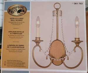 lot 177 image: HAMPTON BAY ESTELLE 2 LIGHT WALL SCONCE IN NEW UNOPENED BOX AS SHOWN.