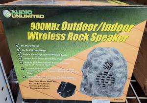 lot 214 image: AUDIO UNLIMITED 900MHz OUTDOOR  INDOOR WIRELESS ROCK SPEAKER MODEL SPK-ROCK3 GRANITE IN BOX AS SHOWN.