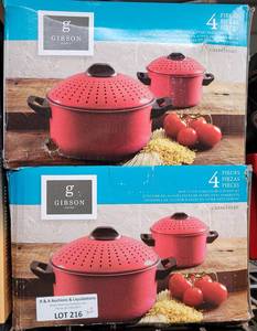 lot 216 image: LOT OF 2 GIBSON 4 PIECE NON-STICK STEEL PASTA COOKER SETS IN BOXES AS SHOWN. (YOUR BID X 2)
