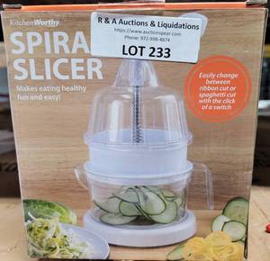 lot 233 image: VEGETABLE AND FRUIT SPIRAL SLICER IN BOX AS SHOWN.