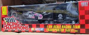 lot 246 image: 1997 RACING CHAMPIONS JEFF BURTON 164 SCALE DIE CAST RACING TEAM TRANSPORTER IN PACKAGE AS SHOWN.