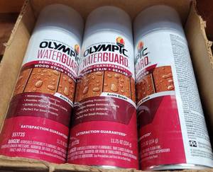 lot 254 image: LOT OF 6 NEW OLYMPIC WATERGUARD WOOD STAINSEALER CANS IN BOX AS SHOWN. (YOUR BID X 6)