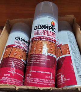 lot 255 image: LOT OF 6 NEW OLYMPIC WATERGUARD WOOD STAINSEALER CANS IN BOX AS SHOWN. (YOUR BID X 6)