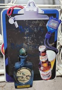 lot 271 image: BEAMS WHISKEY DECANTER AND METAL COORS LIGHT ADVERTISING BOARD AS SHOWN.