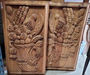 lot 278 image: LOT OF 2 LARGE SIZE MEXICAN CARVED WOOD WALL ART WITH FRUIT BASKET DESIGN AS SHOWN. THESE ARE HEAVY (YOUR LOT X 2)